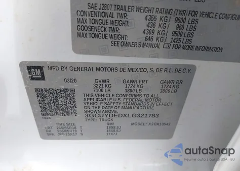 2020 Chevrolet Silverado 1500 4Wd Short Bed Lt z USA, uszkodzony, nr VIN 3GCUYDEDXLG321783